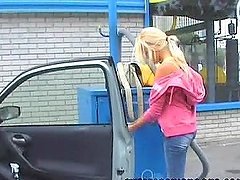 Lovely and innocent blondie Sophie is washing her car