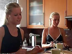 Two blondes Sandy and Sophie talking in the kitchen