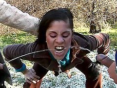 Hot Latina Veronika Jane lets two men pee on her face and destroy her holes