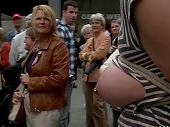 Nude blonde walks in a parking and gets fucked in the street