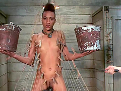 Slim Black girl gets tied up and fucked cowgirl