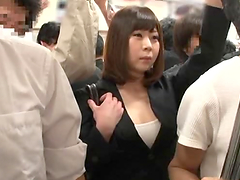 Busty Japanese milf gets her cunt toyed and fucked in a bus