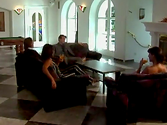 Two glamorous babes get their pussies and asses fucked hard