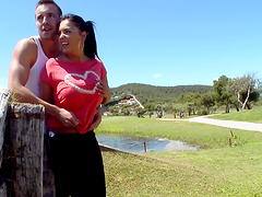 Busty Jasmine Black rides a dick and gets facialed in a park