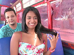 Charming brunette Susan blows and gets fucked doggy style in a bus