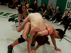 A few horny lesbians enjoy wrestling and banging on tatami